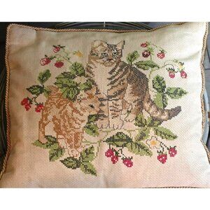 Cross-Stitch Pillow Cat & Kitten Floral Cottage Core 18 x19" Animal Lovers